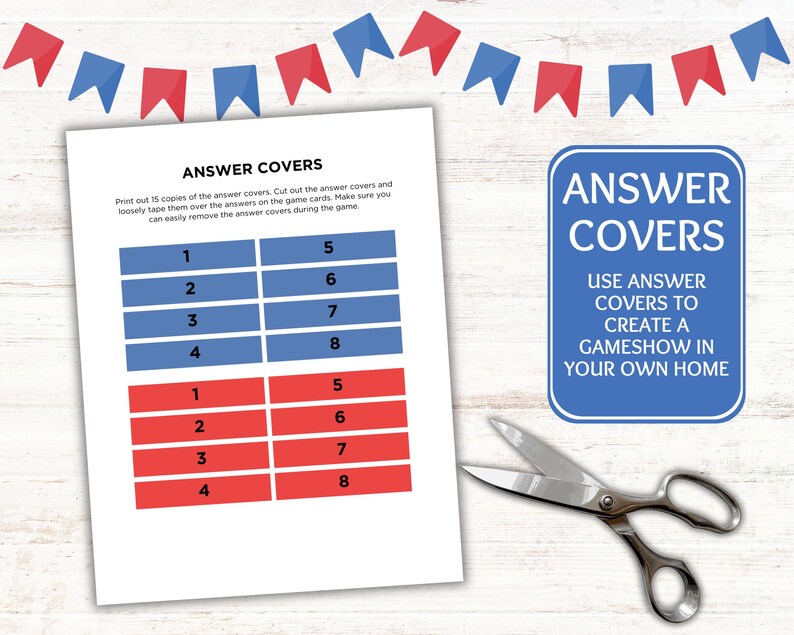 May include: Printable answer covers for a game show. The covers are blue and red and have numbers 1 through 8. The text on the page says "Answer Covers" and "Use answer covers to create a gameshow in your own home".