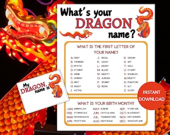 Dragon Name Game Printable, What's Your Dragon Name Game, Name Generator Game with Name Tags, Dragon Activity, Lunar New Year Games