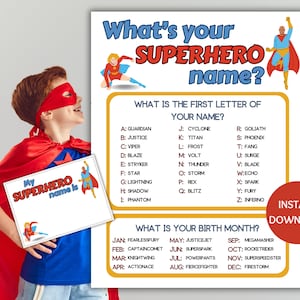 Superhero Name Game Printable, What&#39;s Your Superhero Name Game, Name Generator Game with Name Tags, Superhero Party, Games for Kids