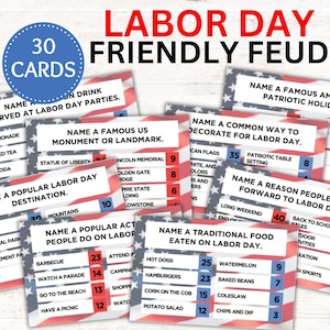 May include: A set of 30 cards for a Labor Day themed game called "Friendly Feud". The cards are red, white, and blue with stars and stripes. Each card has a question related to Labor Day, such as "Name a popular Labor Day destination" or "Name a traditional food eaten on Labor Day".