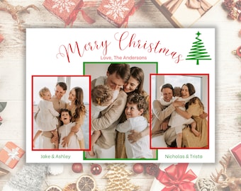 May include: A Christmas card with a red and white "Merry Christmas" greeting and a green Christmas tree. The card features three photos of a family, with the text "Love, The Andersons" below the greeting.