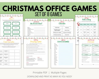 May include: A set of eight printable Christmas office games. The games include "Who Knows the Boss Best?", "Christmas Charades", "Find Out Who", "Drawing Game", "Word Scramble", "Roll a Story", "What's in Your Phone", and "Who Am I?" The games are designed with a festive Christmas theme and feature illustrations of Christmas lights, ornaments, and a snowman.