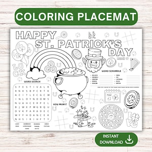 Op de afbeelding: Zwart-wit kleurplaat met de tekst "COLORING PLACEMAT" en "HAPPY ST. PATRICK'S DAY". Bevat een regenboog, pot met goud, kabouter, woordzoeker, woordpuzzel en andere illustraties met het thema St. Patrick's Day.