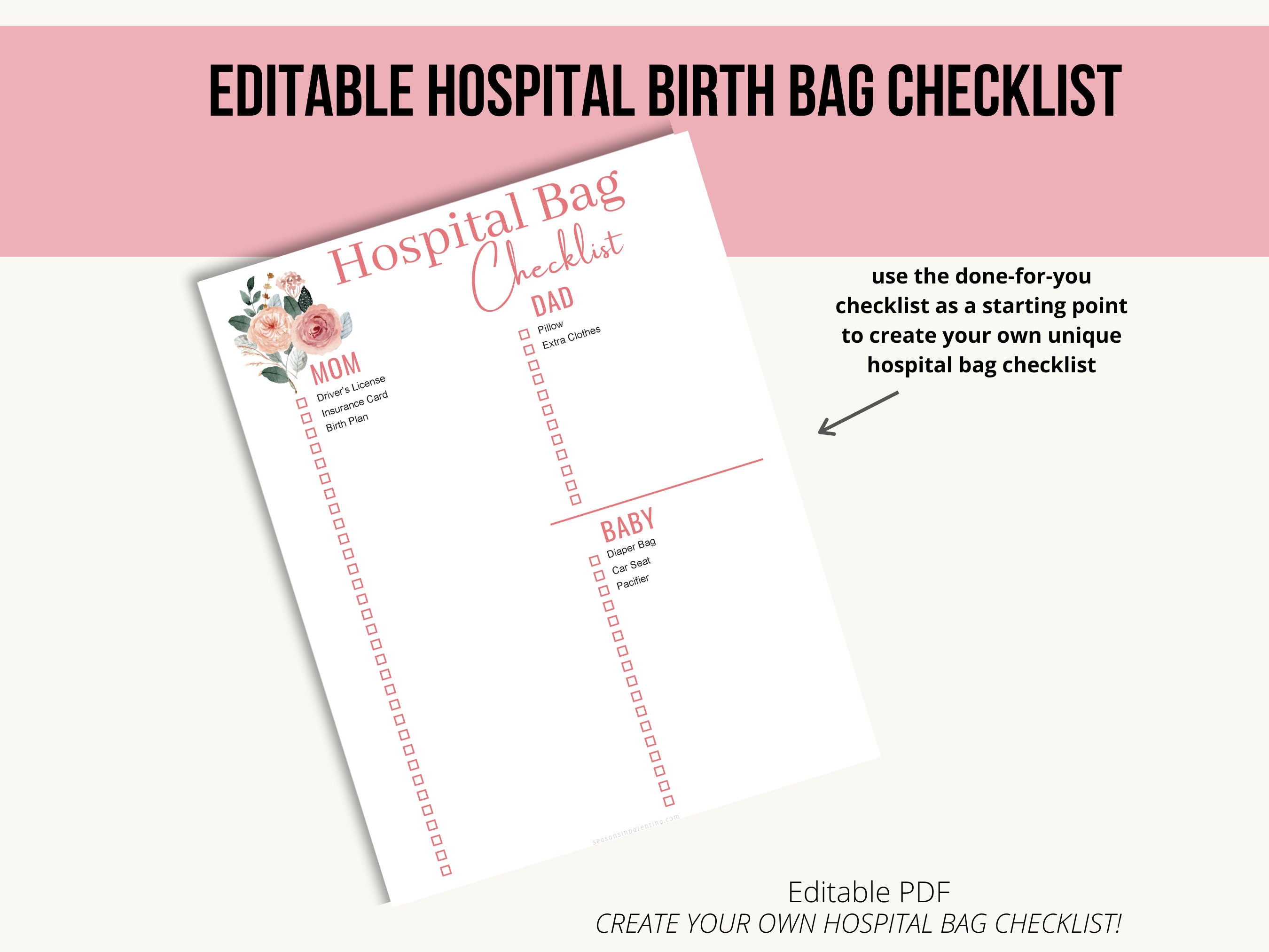 Hospital Bag Checklist, Labor and Delivery Checklist, Editable
