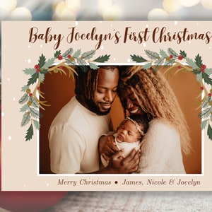 Plantilla de tarjeta de Navidad con foto de bebé / Tarjeta navideña para nuevo bebé / Primera tarjeta de Navidad del bebé / Tarjeta navideña con foto / Tarjeta de Navidad editable