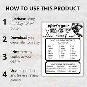 May include: A printable hockey-themed activity sheet with instructions on how to use the product. The sheet features a hockey player with a stick and puck, and a list of hockey-related names based on the first letter of a person's name and their birth month.