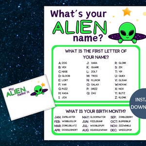 Alien Name Game Printable, What&#39;s Your Alien Name Game, Name Generator Game with Name Tags, Alien Party, Space Birthday, Alien Baby Shower