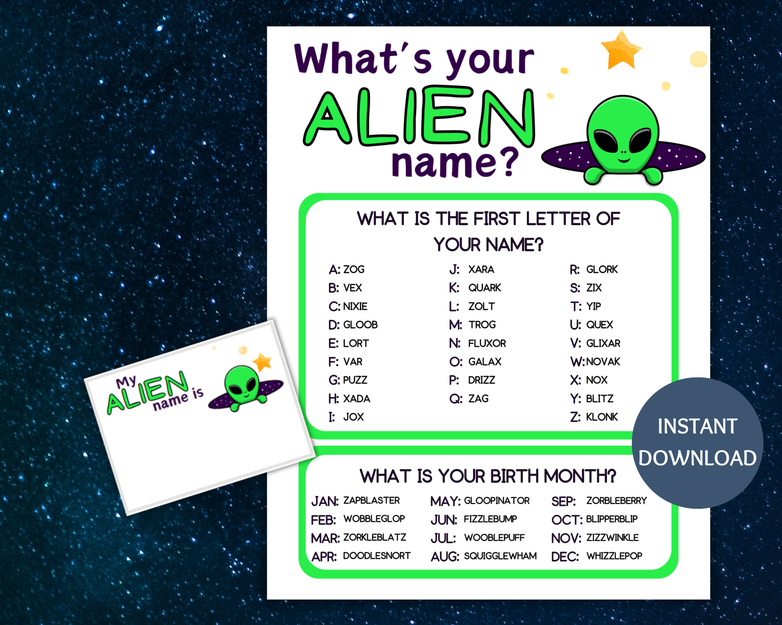 Alien Name Game Printable, What's Your Alien Name Game, Name Generator