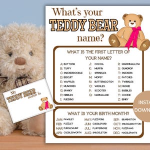 May include: A printable game card featuring a brown teddy bear illustration. The card has a brown background with white text. The text reads "What's your Teddy Bear name?" and includes a list of names based on the first letter of your name and your birth month.