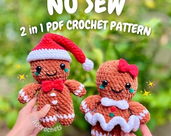 No Sew Gingerbread Man and Woman Crochet Pattern (no sew christmas crochet pattern, gingerbread man crochet pattern, amigurumi gingerbread)