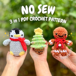 No Sew Christmas Minis Crochet Pattern (gingerbread man crochet pattern, christmas tree crochet pattern, penguin crochet pattern, ornament)
