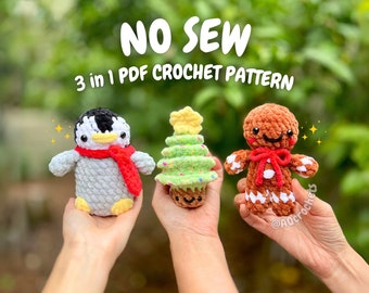 No Sew Christmas Minis Crochet Pattern (gingerbread man crochet pattern, christmas tree crochet pattern, penguin crochet pattern, ornament)