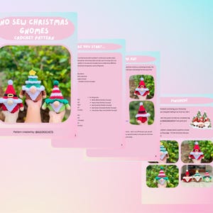 May include: A crochet pattern for making no-sew Christmas gnomes. The pattern includes instructions for making three different gnomes, each with a unique hat and beard. The pattern is titled "No Sew Christmas Gnomes Crochet Pattern" and is created by @baqcrochets.