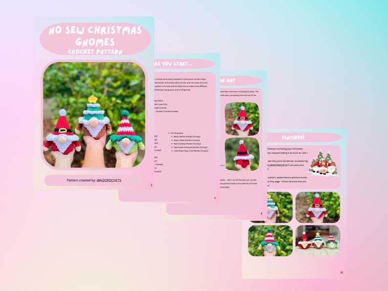 May include: A crochet pattern for making no-sew Christmas gnomes. The pattern includes instructions for making three different gnomes, each with a unique hat and beard. The pattern is titled "No Sew Christmas Gnomes Crochet Pattern" and is created by @baqcrochets.