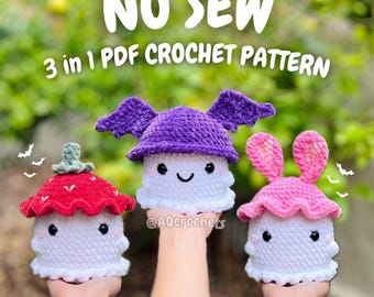 Low Sew Ghosts Wearing Hats 4 in 1 PDF PATTERN - Series 2 (no sew ghost crochet pattern, no sew halloween crochet pattern, crochet ghost)