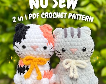 No Sew Crochet Calico Cat and Solid Colored Cat 2 in 1 PDF PATTERN (no sew crochet pattern, no sew cat crochet pattern, cat crochet pattern)