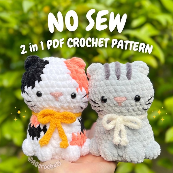 No Sew gehaakte lapjeskat en effen gekleurde kat 2 in 1 pdf-patroon (haakpatroon zonder naaien, haakpatroon kat, haakpatroon kat)