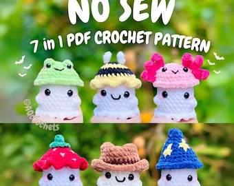 No Sew MINI Ghosts Wearing Hats 7 in 1 PDF Pattern Bundle - Series 3 and 4 (no sew ghost crochet pattern, no sew halloween crochet pattern)