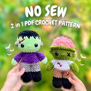 Peut inclure: Deux poupées crochetées à la main, l'une ressemblant au monstre de Frankenstein et l'autre à un zombie, sont présentées. La poupée Frankenstein a la peau verte, les cheveux noirs et une chemise violette. La poupée zombie a la peau verte, un cerveau rose et une chemise blanche. Le texte "NO SEW 2 in 1 PDF CROCHET PATTERN" est affiché.