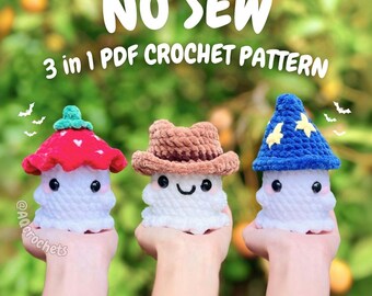 No Sew MINI Ghosts Wearing Hats 4 in 1 PDF PATTERN - Series 4 (no sew ghost crochet pattern, no sew halloween crochet pattern, cowboy ghost)
