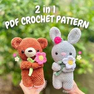 Crochet Flower Bunny and Flower Bear PDF PATTERN (2 in 1: bunny holding flower crochet pattern AND bear holding flower crochet pattern)