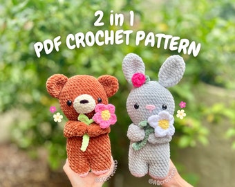 Crochet Flower Bunny and Flower Bear PDF PATTERN (2 in 1: bunny holding flower crochet pattern AND bear holding flower crochet pattern)