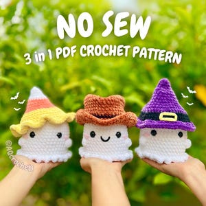 No Sew Ghosts Wearing Hats 4 in 1 PDF PATTERN (no sew ghost crochet pattern, cowboy ghost, witch hat ghost, candy corn ghost, crochet ghost)