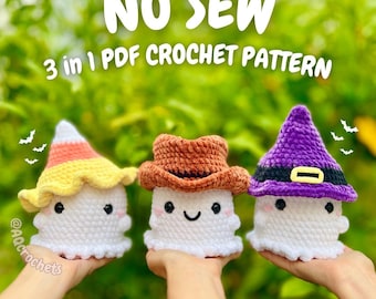 No Sew Ghosts Wearing Hats 4 in 1 PDF PATTERN (no sew ghost crochet pattern, cowboy ghost, witch hat ghost, candy corn ghost, crochet ghost)
