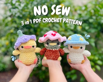 No Sew Ducks Wearing Hats Crochet Pattern (no sew crochet pattern, no sew duck crochet pattern, bird crochet pattern, chick crochet pattern)