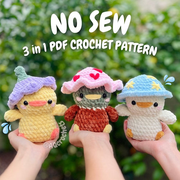 No Sew Ducks Wearing Hats Crochet Pattern (no sew crochet pattern, no sew duck crochet pattern, bird crochet pattern, chick crochet pattern)