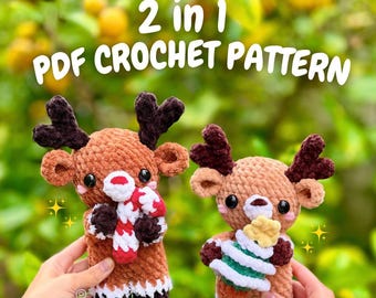 Padrão de crochê de rena segurando objetos (padrão de crochê de Natal, padrão de crochê de rena, padrão de crochê de rena segurando bengala doce)