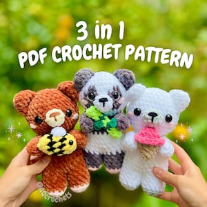 May include: Three crocheted bear plushies in brown, panda, and white colours. The brown bear holds a yellow and black object, the panda has a green scarf, and the white bear has an ice cream cone. Text reads "3 in 1 PDF CROCHET PATTERN".