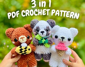 Bears Holding Things PDF PATTERN  (3 in 1 bear crochet pattern, amigurumi bear pattern, panda crochet pattern, polar bear crochet pattern)