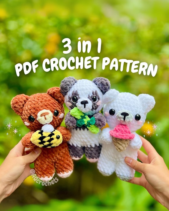 Bears Holding Things PDF PATTERN  (3 in 1 bear crochet pattern, amigurumi bear pattern, panda crochet pattern, polar bear crochet pattern)