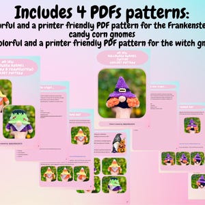 May include: A collection of four PDF patterns for Halloween-themed crochet gnomes. The patterns include instructions for making Frankenstein and candy corn gnomes, as well as a witch gnome. The image features colorful illustrations of the finished gnomes.
