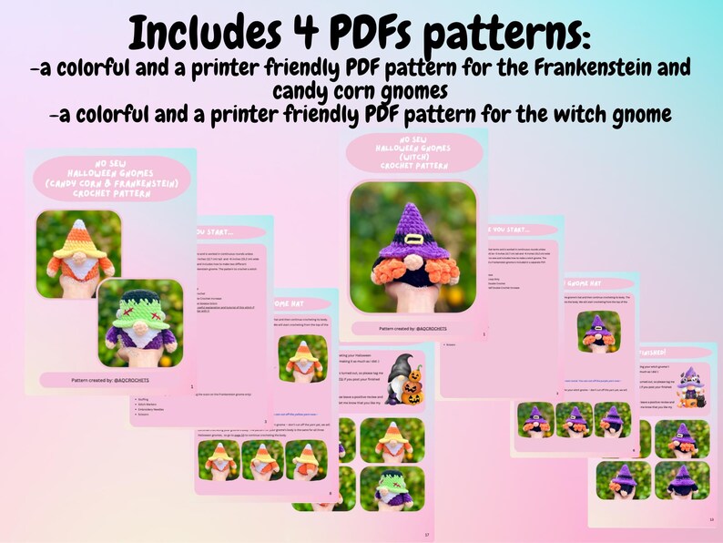 May include: A collection of four PDF patterns for Halloween-themed crochet gnomes. The patterns include instructions for making Frankenstein and candy corn gnomes, as well as a witch gnome. The image features colorful illustrations of the finished gnomes.