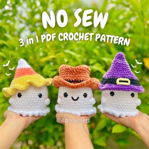 No Sew Ghosts Wearing Hats 3 in 1 PDF PATTERN (no sew ghost crochet pattern, cowboy ghost, witch hat ghost, candy corn ghost, crochet ghost)