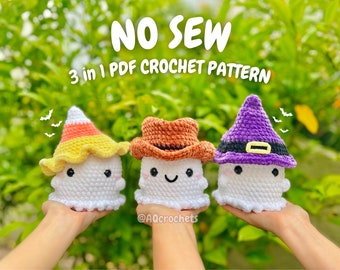 No Sew Ghosts Wearing Hats 3 in 1 PDF PATTERN (no sew ghost crochet pattern, cowboy ghost, witch hat ghost, candy corn ghost, crochet ghost)