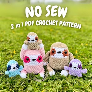 Puede incluir: Varios perezosos de ganchillo en azul, rosa, beige y morado, colocados sobre hierba. La imagen incluye el texto "NO SEW" y "2 in 1 PDF CROCHET PATTERN".
