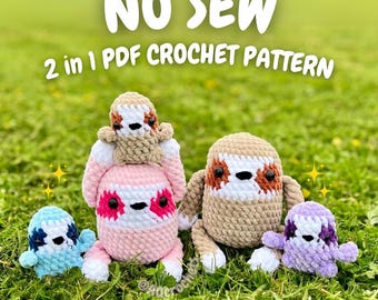 No Sew Sloths Crochet Pattern (no sew crochet pattern, no sew sloth crochet pattern, baby sloth crochet pattern, amigurumi sloth)