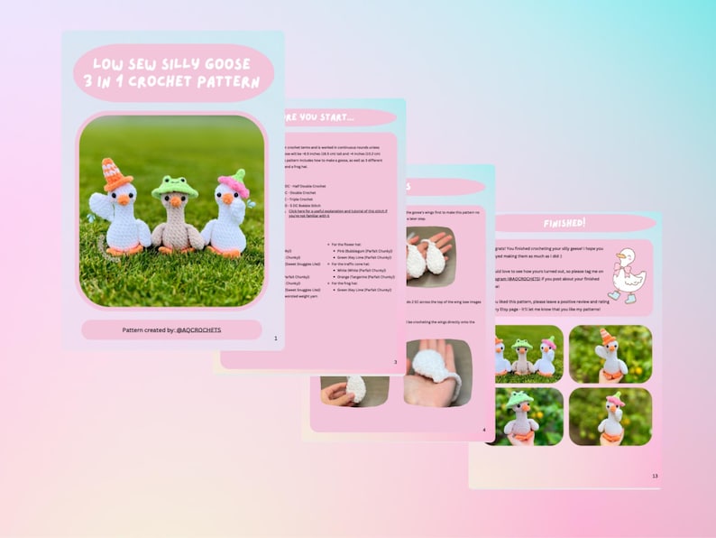 Op de afbeelding: Een haakpatroon getiteld "LOW SEW SILLY GOOSE 3 IN 1 CROCHET PATTERN" met instructies en afbeeldingen. Het patroon bevat instructies voor het maken van drie grillige ganzenfiguren, elk met een andere hoed. Het patroon is gemaakt door @BAQCROCHETS.