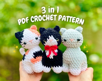 Patrón de crochet 3 en 1 de gatos de pie (patrón de crochet de gato, patrón de gato amigurumi, patrón de crochet de gato esmoquin, patrón de crochet de gato calico)