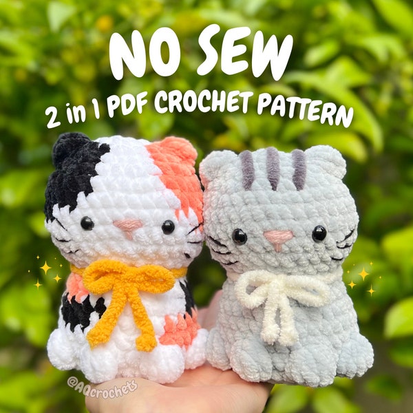 No Sew Crochet Calico Cat and Solid Colored Cat 2 in 1 PDF PATTERN (no sew crochet pattern, no sew cat crochet pattern, cat crochet pattern)