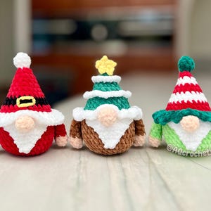 no sew crochet pattern, no sew christmas gnome crochet pattern, amigurumi gnome pattern, gnome crochet pattern, cute gnome pattern, christmas tree gnome plushie, santa claus gnome pattern, elf gnome pattern, no sew christmas
