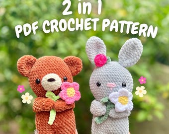 Crochet Flower Bunny and Flower Bear PDF PATTERN (2 in 1: bunny holding flower crochet pattern AND bear holding flower crochet pattern)