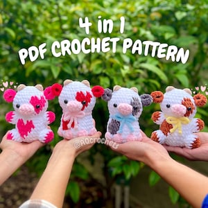 4 in 1 Baby Cow Crochet Pattern Bundle (crochet cow pattern, amigurumi cow pattern, low sew cow, heart cow, valentine's day crochet pattern)