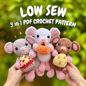 Mice Holding Things Crochet Pattern (mouse crochet pattern, amigurumi mouse pattern, low sew mouse pattern, crochet rat pattern)