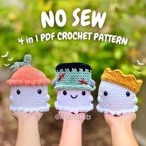 No Sew Ghosts Wearing Hats 4 in 1 PDF PATTERN - Series 2 (no sew ghost crochet pattern, no sew halloween crochet pattern, crochet ghost)