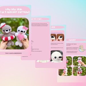 May include: A crochet pattern for two seal plushies. One is gray with a red and white life preserver and a striped hat. The other is white with a pink heart and bow. The pattern includes instructions and diagrams.