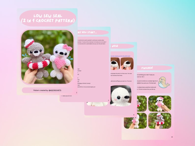 May include: A crochet pattern for two seal plushies. One is gray with a red and white life preserver and a striped hat. The other is white with a pink heart and bow. The pattern includes instructions and diagrams.